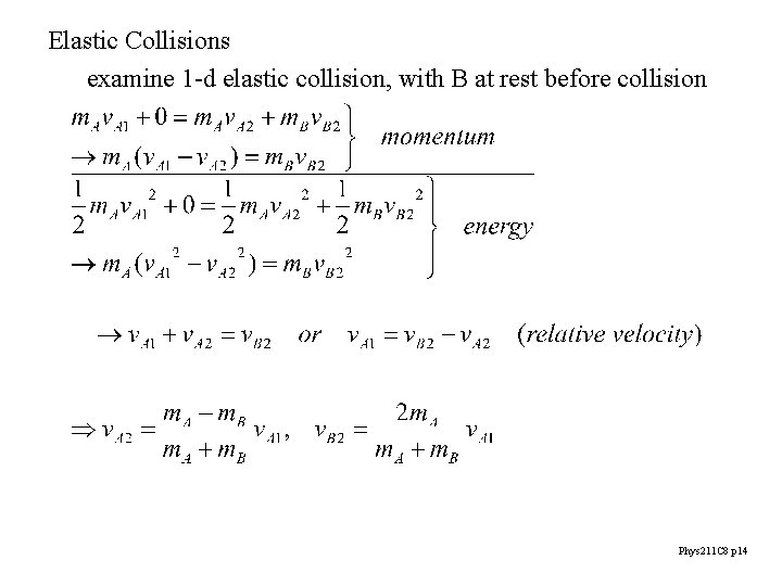 Elastic Collisions examine 1 -d elastic collision, with B at rest before collision Phys