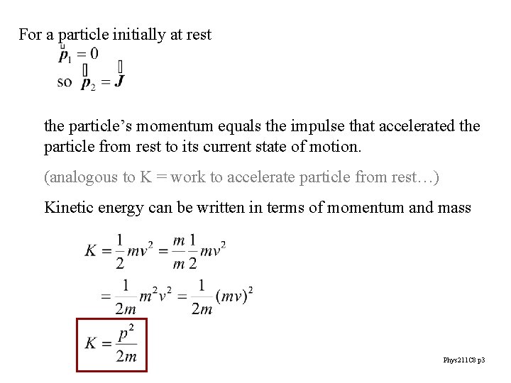 For a particle initially at rest the particle’s momentum equals the impulse that accelerated