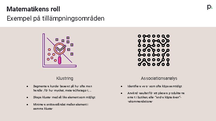 Matematikens roll Exempel på tillämpningsområden Associationsanalys Klustring ● Segmentera kunder baserat på hur ofta