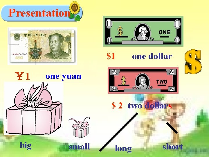 Presentation $1 ¥ 1 one dollar one yuan $ 2 two dollars big small Presentation $1 ¥ 1 one dollar one yuan $ 2 two dollars big small