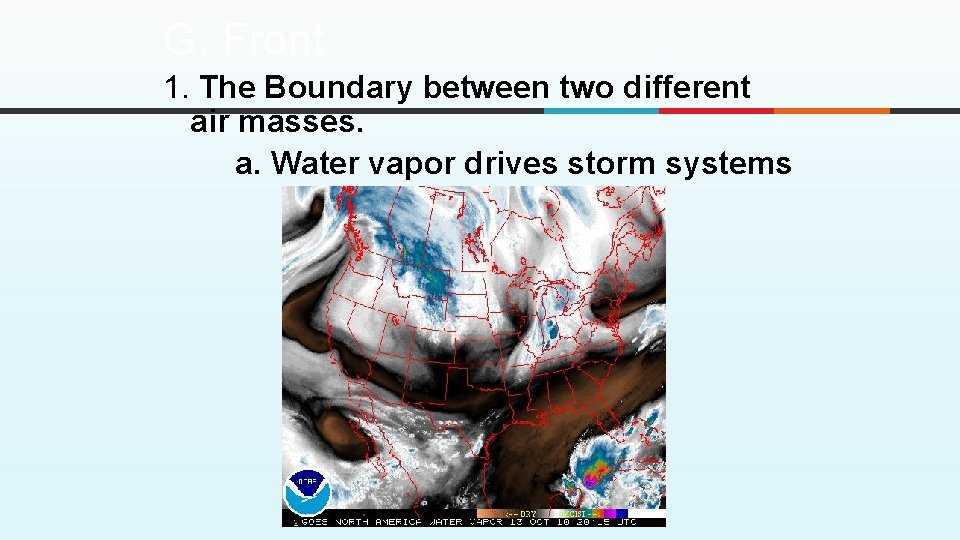 G. Front 1. The Boundary between two different air masses. a. Water vapor drives G. Front 1. The Boundary between two different air masses. a. Water vapor drives
