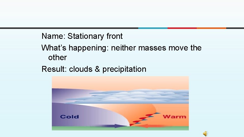 Name: Stationary front What’s happening: neither masses move the other Result: clouds & precipitation Name: Stationary front What’s happening: neither masses move the other Result: clouds & precipitation