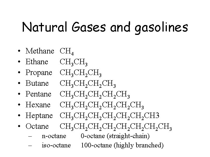 Natural Gases and gasolines • • Methane Ethane Propane Butane Pentane Hexane Heptane Octane