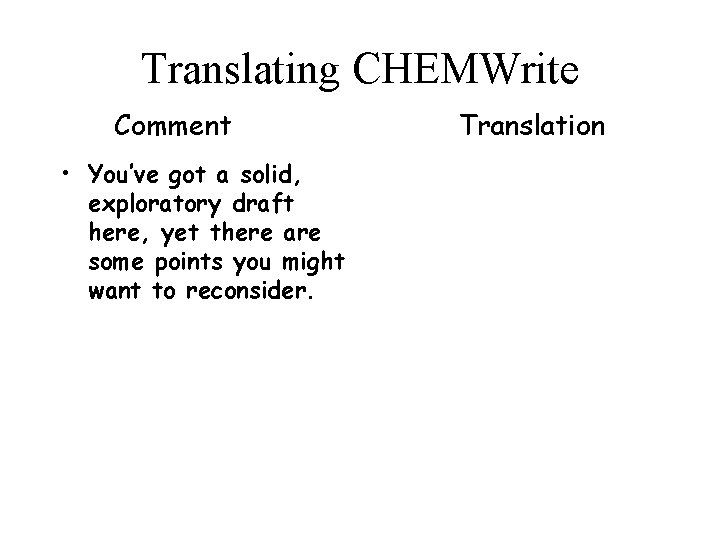 Translating CHEMWrite Comment • You’ve got a solid, exploratory draft here, yet there are