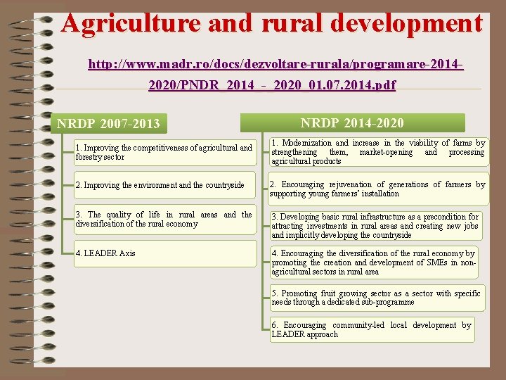 Agriculture and rural development http: //www. madr. ro/docs/dezvoltare-rurala/programare-20142020/PNDR_2014_-_2020_01. 07. 2014. pdf NRDP 2007 -2013