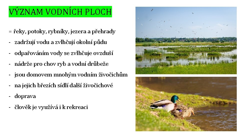 VÝZNAM VODNÍCH PLOCH = řeky, potoky, rybníky, jezera a přehrady - zadržují vodu a