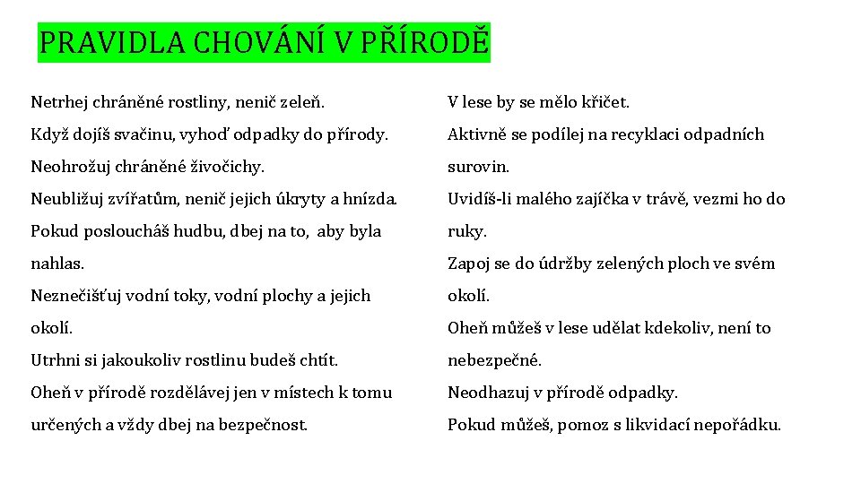 PRAVIDLA CHOVÁNÍ V PŘÍRODĚ Netrhej chráněné rostliny, nenič zeleň. V lese by se mělo