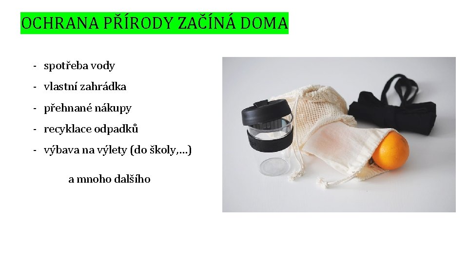 OCHRANA PŘÍRODY ZAČÍNÁ DOMA - spotřeba vody - vlastní zahrádka - přehnané nákupy -