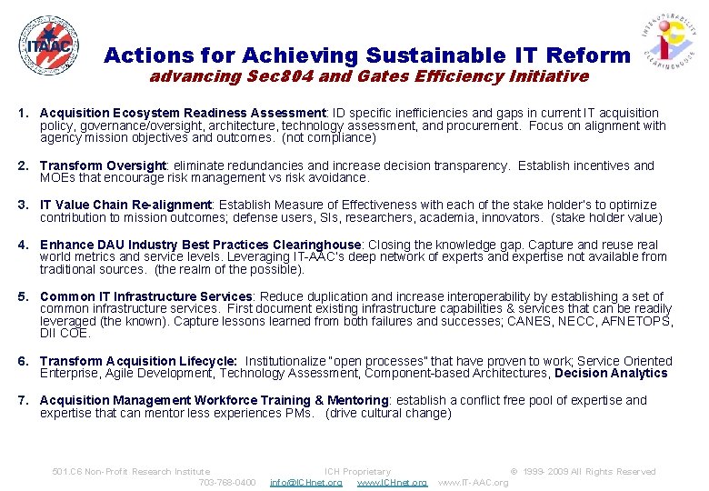 ™ Actions for Achieving Sustainable IT Reform advancing Sec 804 and Gates Efficiency Initiative