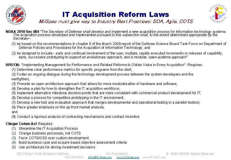 IT Acquisition Reform Laws ™ Mil. Spec must give way to Industry Best Practices: