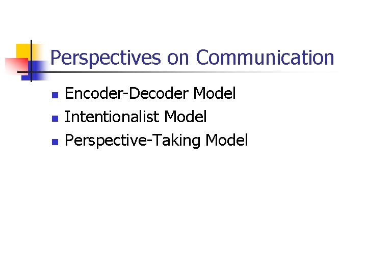 Perspectives on Communication n Encoder-Decoder Model Intentionalist Model Perspective-Taking Model 