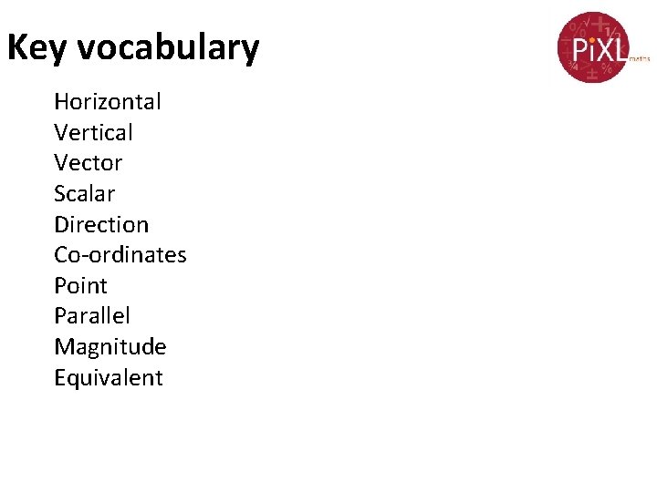 Key vocabulary Horizontal Vertical Vector Scalar Direction Co-ordinates Point Parallel Magnitude Equivalent 