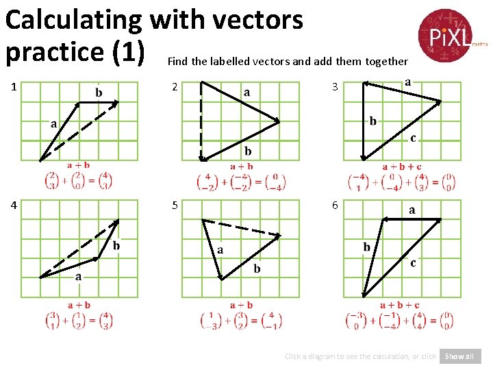Calculating with vectors practice (1) Find the labelled vectors and add them together 1