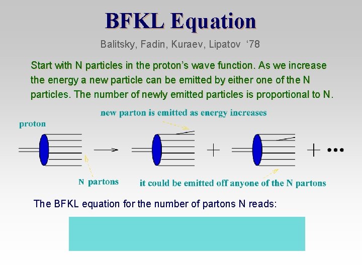 BFKL Equation Balitsky, Fadin, Kuraev, Lipatov ‘ 78 Start with N particles in the
