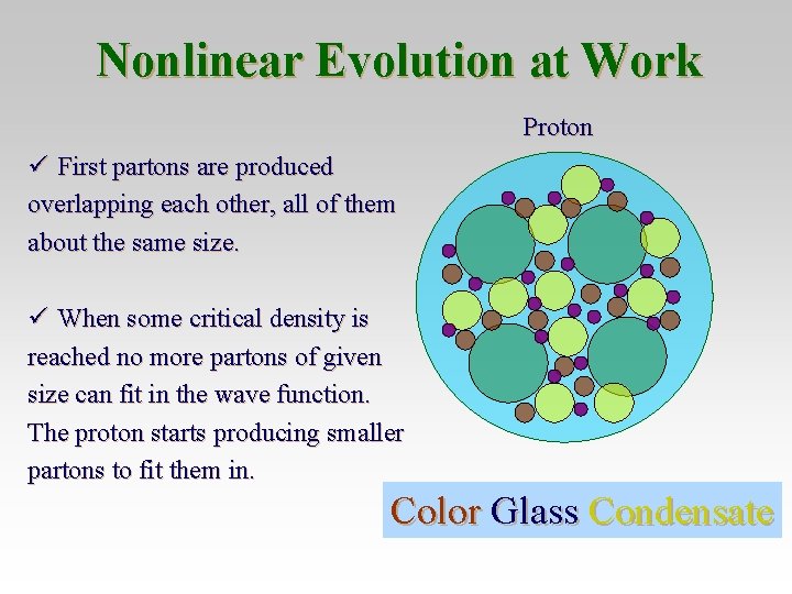 Nonlinear Evolution at Work Proton ü First partons are produced overlapping each other, all