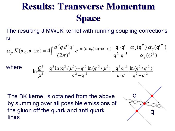 Results: Transverse Momentum Space The resulting JIMWLK kernel with running coupling corrections is where