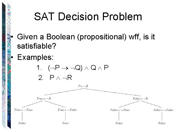 SAT Decision Problem • Given a Boolean (propositional) wff, is it satisfiable? • Examples: