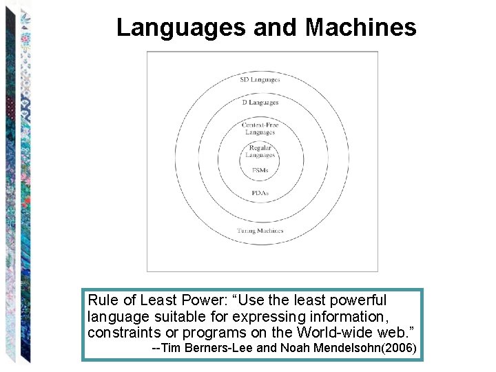 Languages and Machines Rule of Least Power: “Use the least powerful language suitable for