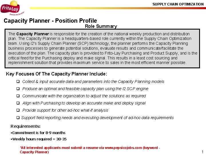 SUPPLY CHAIN OPTIMIZATION Capacity Planner - Position Profile Role Summary The Capacity Planner is