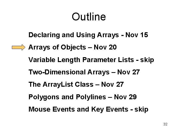 Outline Declaring and Using Arrays - Nov 15 Arrays of Objects – Nov 20