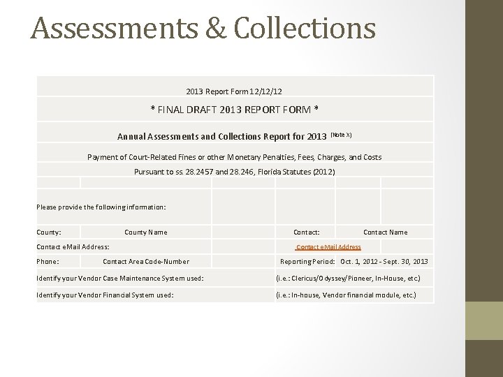 Assessments & Collections 2013 Report Form 12/12/12 * FINAL DRAFT 2013 REPORT FORM *