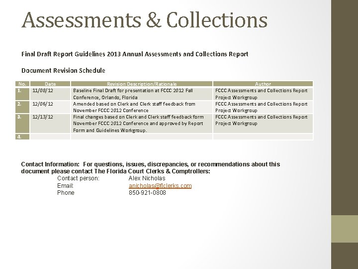 Assessments & Collections Final Draft Report Guidelines 2013 Annual Assessments and Collections Report Document