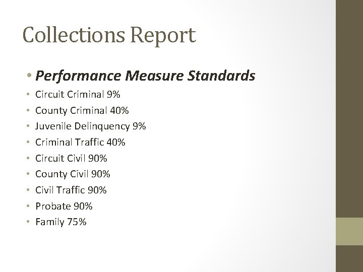 Collections Report • Performance Measure Standards • • • Circuit Criminal 9% County Criminal