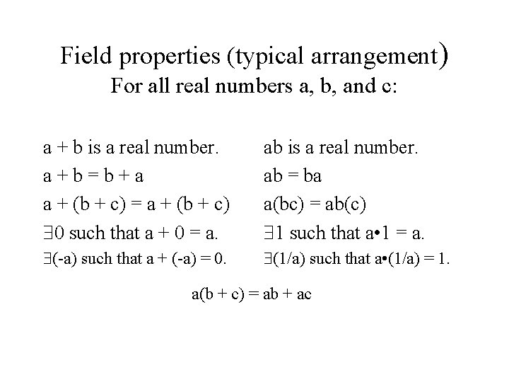 Field properties (typical arrangement) For all real numbers a, b, and c: a +