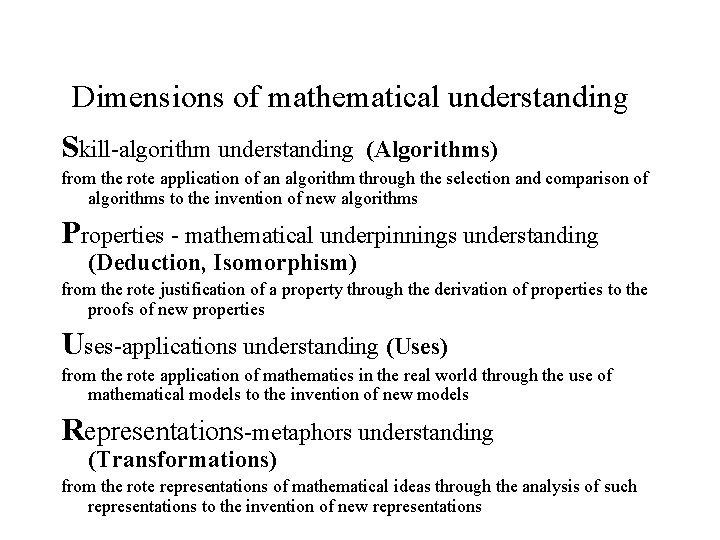 Dimensions of mathematical understanding Skill-algorithm understanding (Algorithms) from the rote application of an algorithm