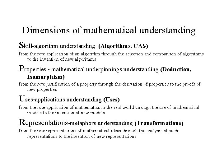 Dimensions of mathematical understanding Skill-algorithm understanding (Algorithms, CAS) from the rote application of an
