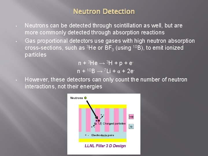 Neutron Detection • • • Neutrons can be detected through scintillation as well, but