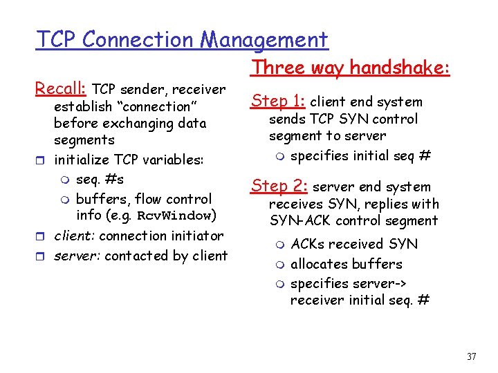 TCP Connection Management Recall: TCP sender, receiver establish “connection” before exchanging data segments r