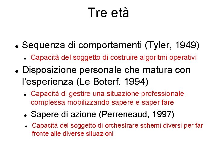 Tre età Sequenza di comportamenti (Tyler, 1949) Capacità del soggetto di costruire algoritmi operativi Tre età Sequenza di comportamenti (Tyler, 1949) Capacità del soggetto di costruire algoritmi operativi