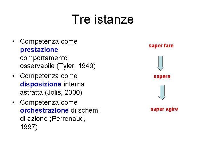 Tre istanze • Competenza come prestazione, comportamento osservabile (Tyler, 1949) • Competenza come disposizione Tre istanze • Competenza come prestazione, comportamento osservabile (Tyler, 1949) • Competenza come disposizione