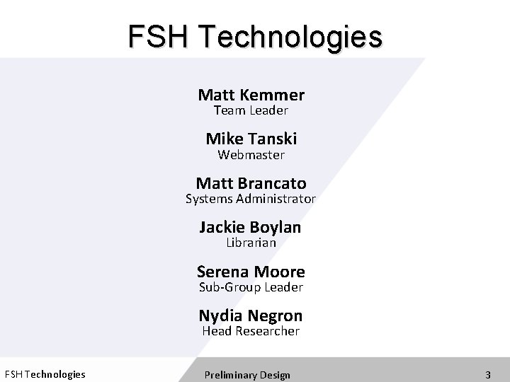 FSH Technologies Matt Kemmer Team Leader Mike Tanski Webmaster Matt Brancato Systems Administrator Jackie