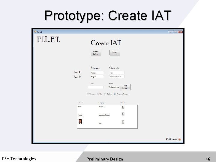 Prototype: Create IAT FSH Technologies Preliminary Design 46 