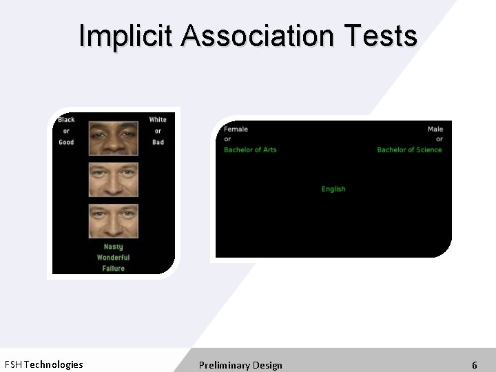 Implicit Association Tests FSH Technologies Preliminary Design 6 