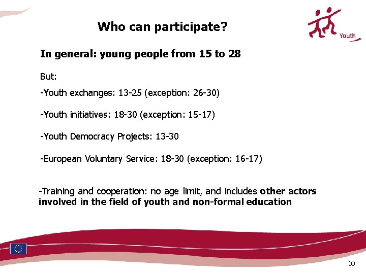 Who can participate? In general: young people from 15 to 28 But: -Youth exchanges: Who can participate? In general: young people from 15 to 28 But: -Youth exchanges: