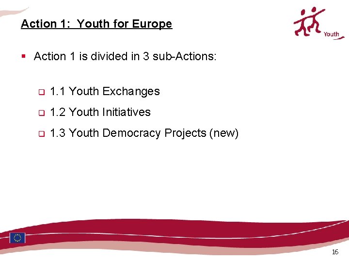 Action 1: Youth for Europe § Action 1 is divided in 3 sub-Actions: q Action 1: Youth for Europe § Action 1 is divided in 3 sub-Actions: q