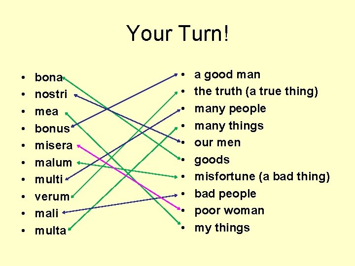 Your Turn! • • • bona nostri mea bonus misera malum multi verum mali