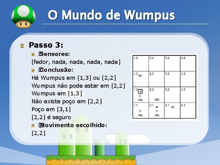 LOGO O Mundo de Wumpus Passo 3: � Sensores: [fedor, nada, nada] � Conclusão: