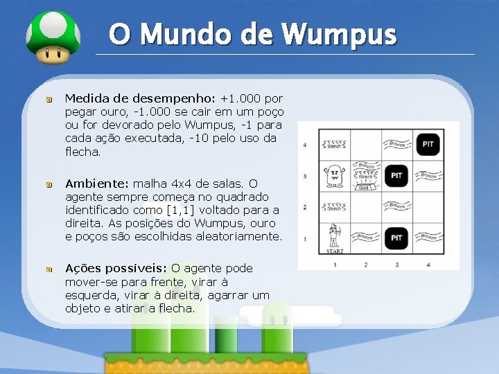 LOGO O Mundo de Wumpus Medida de desempenho: +1. 000 por pegar ouro, -1.