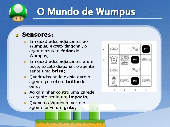 LOGO O Mundo de Wumpus Sensores: Em quadrados adjacentes ao Wumpus, exceto diagonal, o