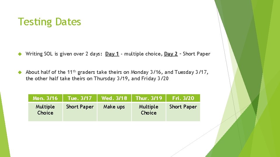 Testing Dates Writing SOL is given over 2 days: Day 1 - multiple choice,