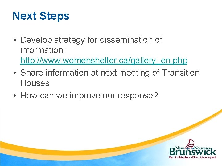 Next Steps • Develop strategy for dissemination of information: http: //www. womenshelter. ca/gallery_en. php