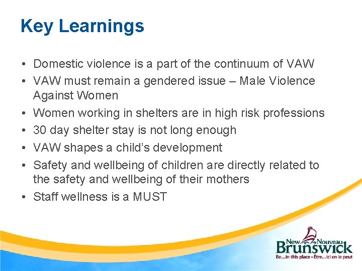 Key Learnings • Domestic violence is a part of the continuum of VAW •