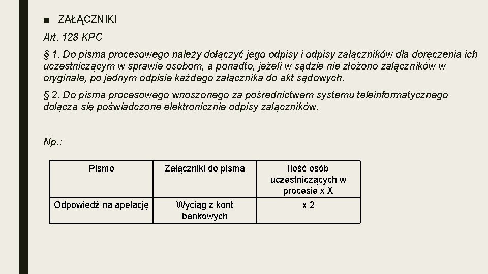 ■ ZAŁĄCZNIKI Art. 128 KPC § 1. Do pisma procesowego należy dołączyć jego odpisy