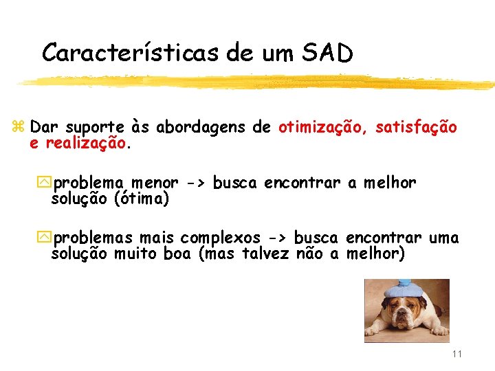 Características de um SAD z Dar suporte às abordagens de otimização, satisfação e realização.