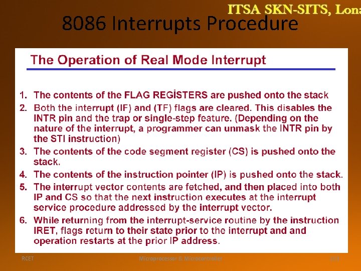 8086 Interrupts Procedure RCET Microprocessor & Microcontroller 103 