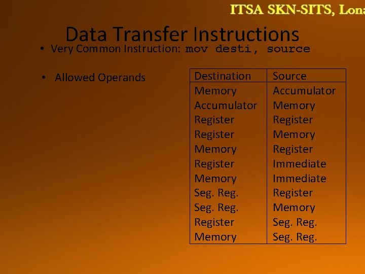 Data Transfer Instructions • Very Common Instruction: mov desti, source • Allowed Operands Destination
